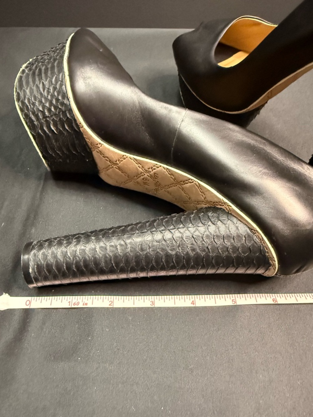 LAMB Black Leather Platform Snake Ultra High Heel Peep Toe Pump - Picture 10 of 12